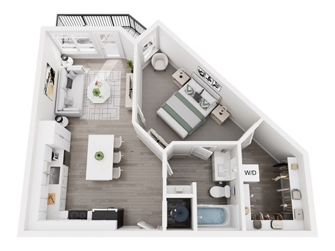 Floor plan layout of 699 sf one-bedroom apartment with a balcony.